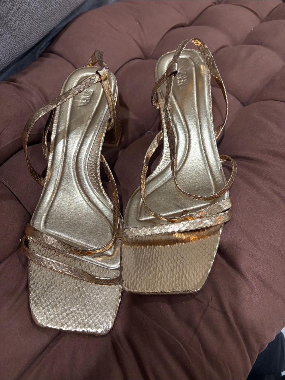 Zara Metallic Gold Strappy Square-Toe Sandals